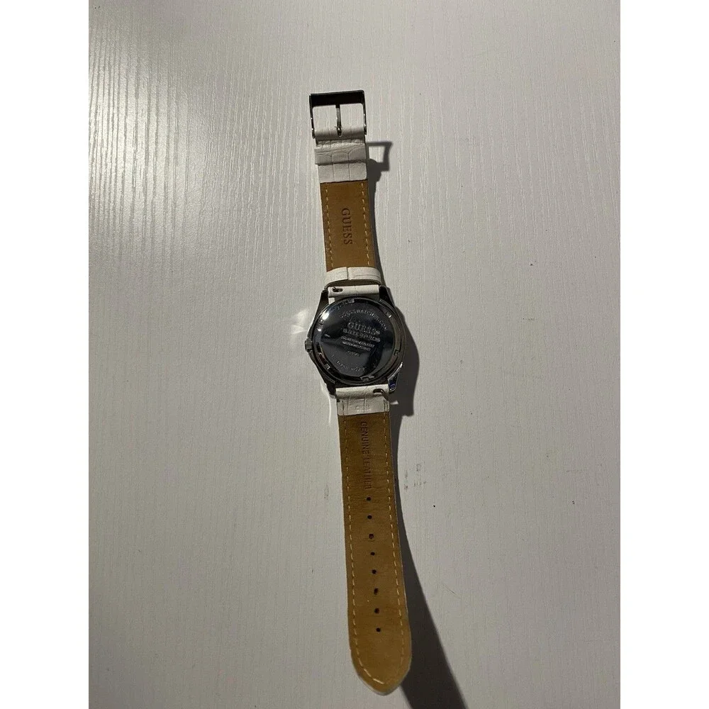 Guess Waterpro Womens Watch G10575L Silver Tone Rhinestone Bezel White Leather